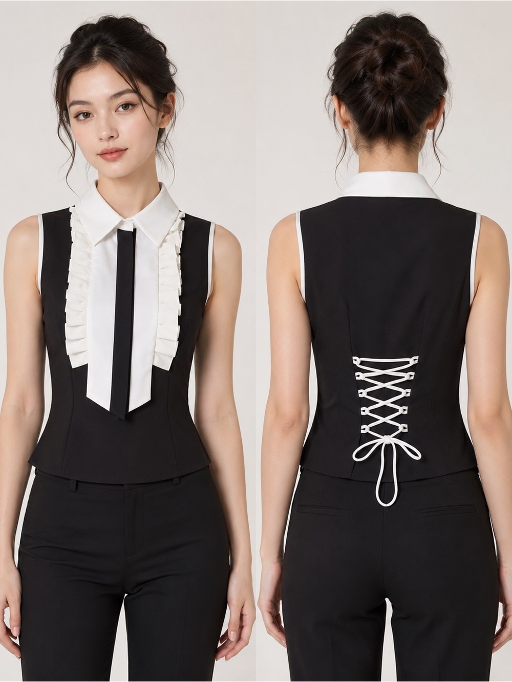 Anne Fontaine Sleeveless Black & White Ruffle Front Blouse Size 36
